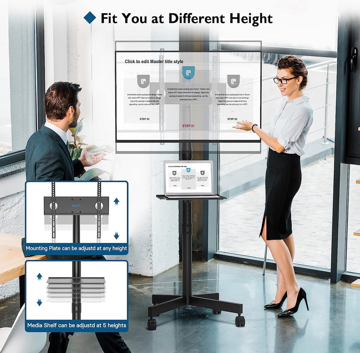 TV Standaard op Wielen voor 23-55 Inch Plasma LCD LED TV's, Draagbare TV Standaard in Hoogte Verstelbare Wielen Rollende TV Karretje tot 25KG, MAX. VESA 400x400 mm — afbeelding 1