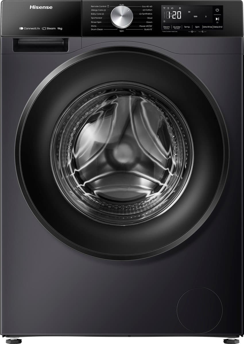 Hisense 3S Serie WF3S9043BB3 - Zwarte Wasmachine met Energielabel A -30% - 9kg - 72dB (A) - Steam Wash -1400 toeren - Power Wash 49' - ConnectLife - Inhoud Trommel 60 Liter — afbeelding 1