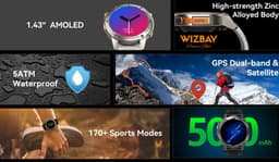 WizBay Premium Select® Smartwatch 1.43 AMOLED - Bellen - GPS - Altitude Luchtdruk Meter - Kompas -AI Voice Assist - Hart Monitor - O2 - Multi Sport Modi - Slaap - Message - Smartwatches - Zwarte Case - Zwarte TPU Band — thumbnail 6