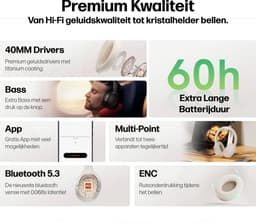 Over Ear Koptelefoon Draadloos - Draadloze Headset met Microfoon - Bluetooth 5.3 - 60 Uur Batterij - Inklapbaar - ENC Kristalheldere Gesprekken - Bluetooth Headset - Wit — thumbnail 9
