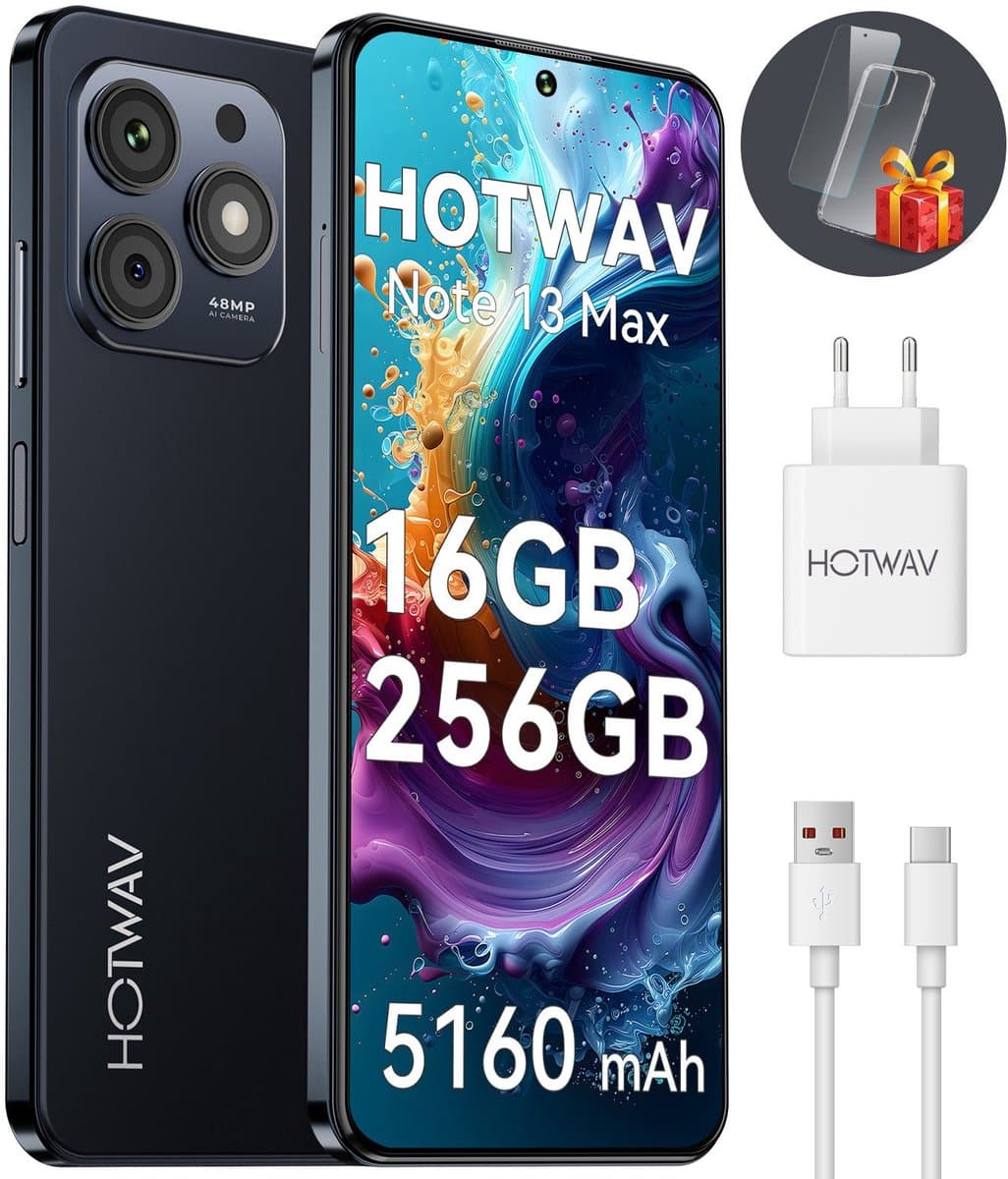 HOTWAV Note 13 Max mobiele telefoon senioren - Smartphone - 256GB - Zwart - mobiele telefoon zonder abonnement - 2 jaar garantie - Met Transparante Hoes - 4G Dual SIM — afbeelding 1