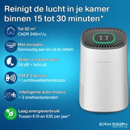 Erikssøn Luchtreiniger Air Purifier Elite - 2x HEPA-14 Filter - Wit - 240 m3/u - Vermindert Stof En Pollen - Met Hepa Filter - Met Ionisator — thumbnail 2