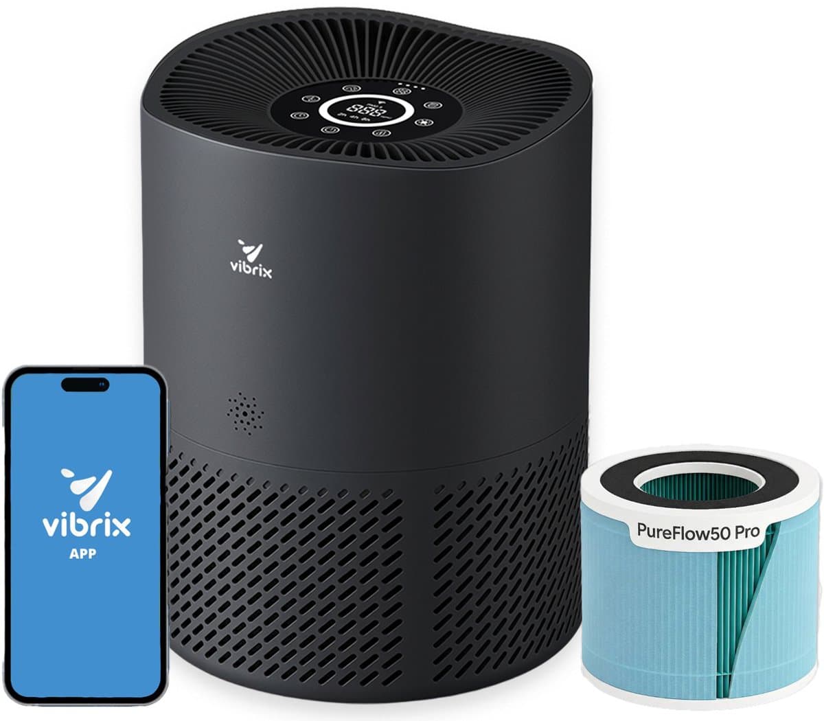 Vibrix PureFlow50 Pro Luchtreiniger / Air Purifier – EPA 14 + koolstoffilter – 350 m³/u – Voor kamers tot ca. 50 m² – Ionisator – App-bediening – Zeer stil met slaapstand – Luchtkwaliteitindicator — afbeelding 1