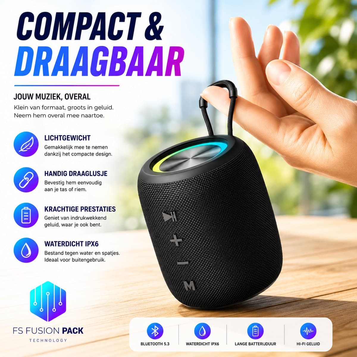 Draadloze Draagbare Luidspreker 10W Speaker RGB LED Draadloos & Wireless Fusion Pack M3 – Draagbare Bluetooth Speaker 10W | Waterdicht | RGB LED | Hifi Bas | BT/USB/TF/FM | Outdoor Wireless Speaker-Kerstcadeau-Nieuwjaar-2026-Verjaardag- — afbeelding 1