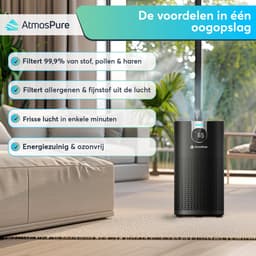 AtmosPure® CleanAir Luchtreiniger - Air Purifier met vervangbaar HEPA 13 + Koolstof filter - CADR 250 m³/h - Zwart - Voor 98 m² - Filtert pollen, huisstofmijtallergenen en fijnstof - 3 standen + stille slaapstand - Luchtkwaliteit Sensor — thumbnail 2
