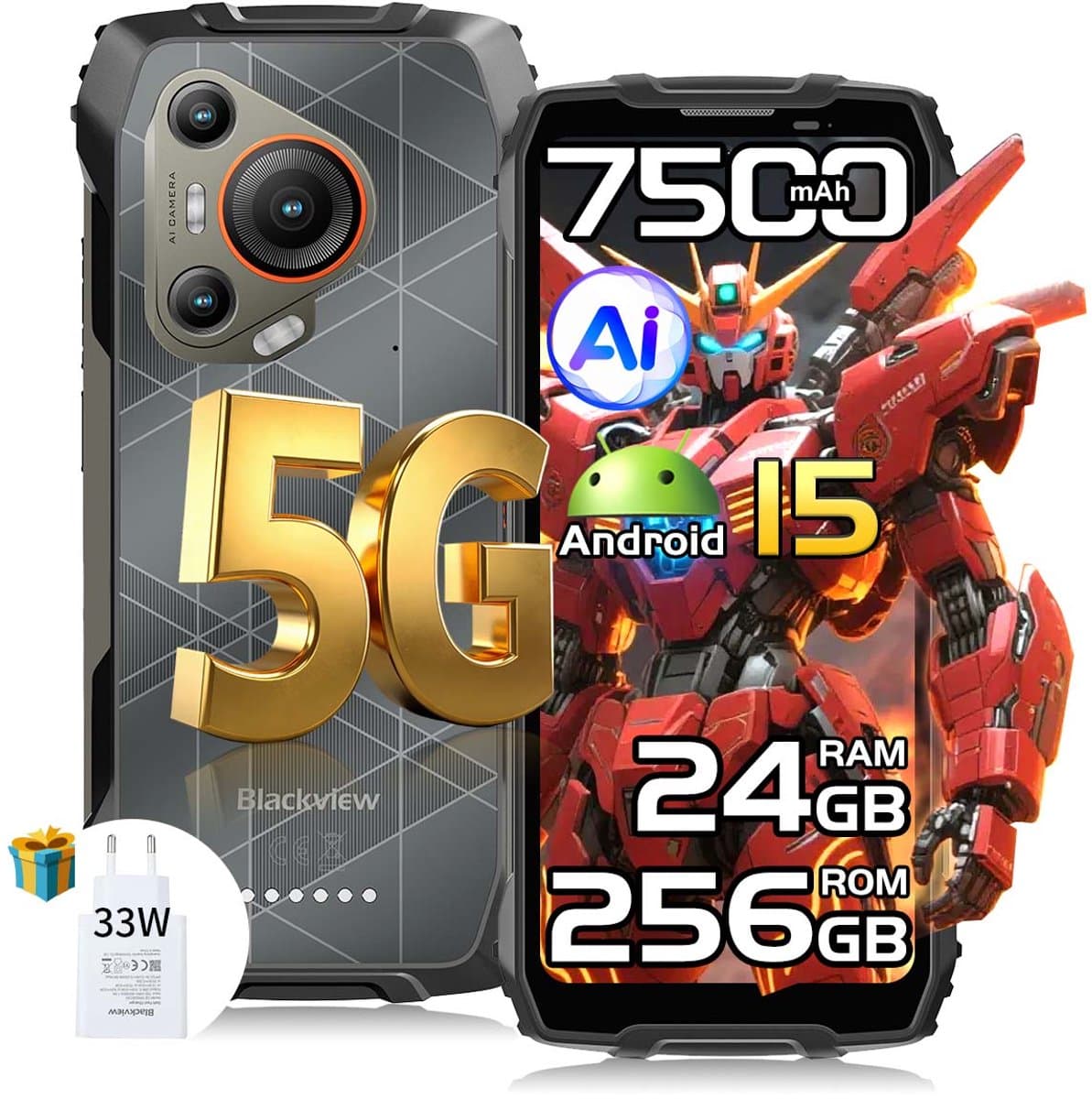 Blackview BL7000 Robuuste Smartphone 5G - 6.78 inch - Android 15 - 24GB RAM - 256GB ROM - 50MP Camera - 7500mAh met 33W Adapter - IP68 Waterdicht - NFC OTG GPS FM - Zwart — afbeelding 1
