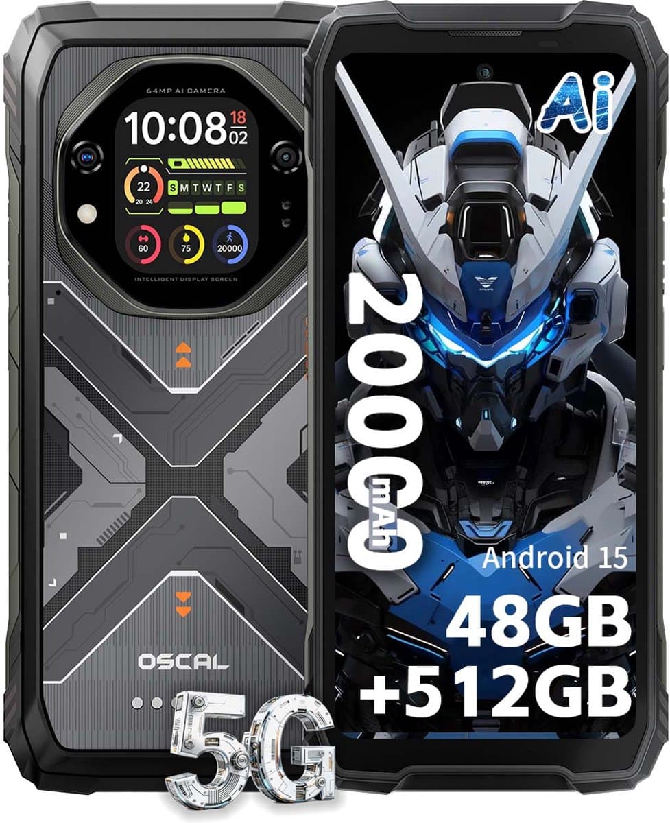OSCAL TANK 1 Robuuste Smartphone 5G - 48GB RAM - 512GB ROM - 6,78 inch 2,4K FHD+ 120Hz - 20000mAh - 64MP + 50MP Camera, 20MP Nachtzicht - 170LM Dubbele LED-lamp - 100dB luidspreker - IP68/IP69K Outdoor Telefoon - Android 15 - NFC GPS - Zwart — afbeelding 1