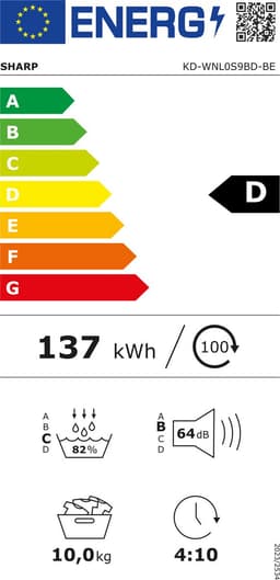 Sharp warmtepomp droger - 10KG - energie label D - 15 programma's - WIFI - LED trommelverlichting - white LED display - mat zwart — thumbnail 2