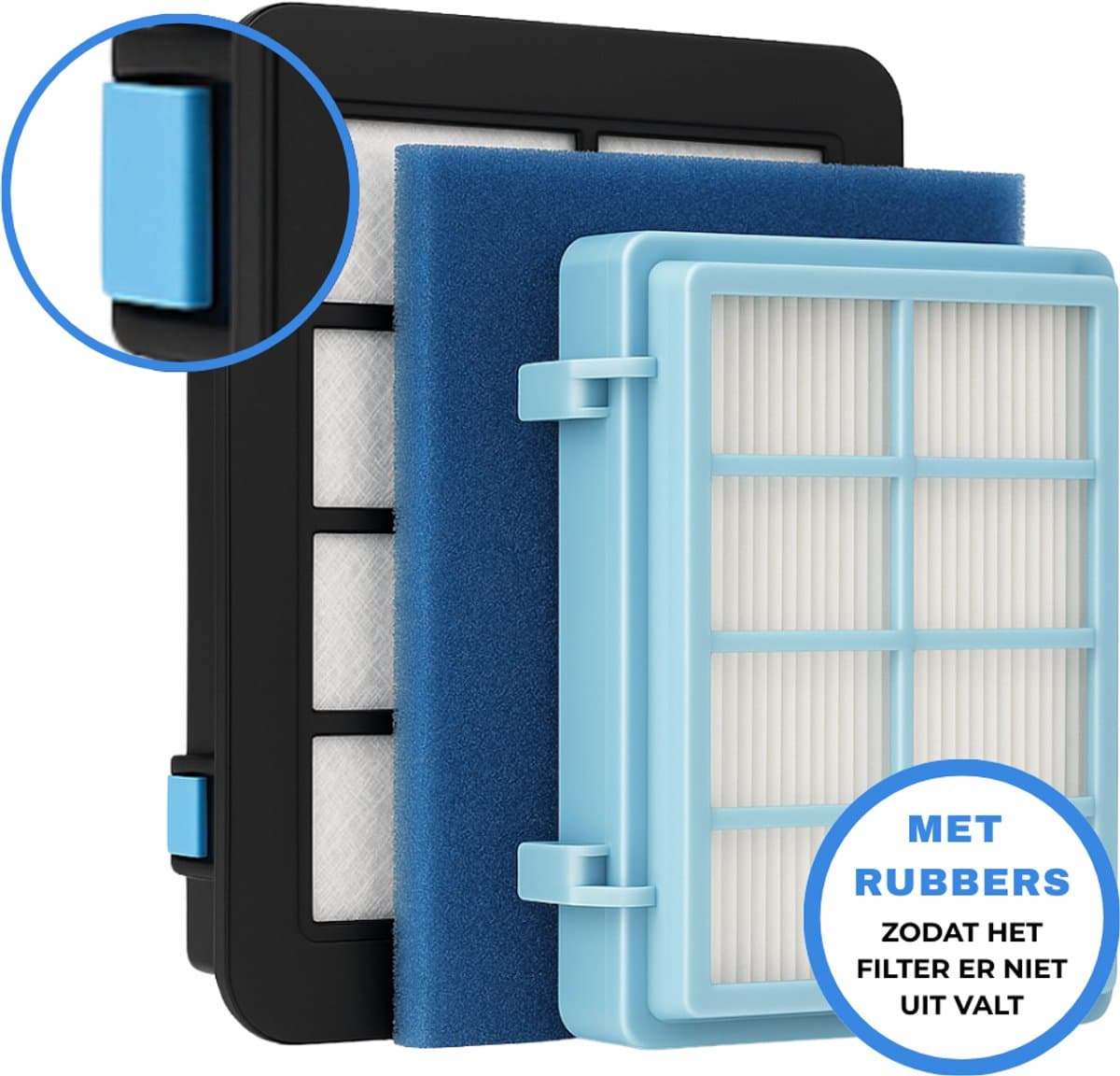 JC's ® - Filter set geschikt voor Philips PowerPro Compact and Power Pro Active en City filterset Stofzuiger FC8010/02 FC8010/01 HEPA allergie - Rubberen houders — afbeelding 1