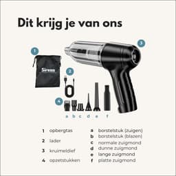 Sireza T2 - 3-in-1 kruimeldief - kruimelzuiger - kruimeldief snoerloos -6 opzetstukken - mini handstofzuiger - nat en droog - thuis, dierenhaar en auto - air duster - opbergtas — thumbnail 9