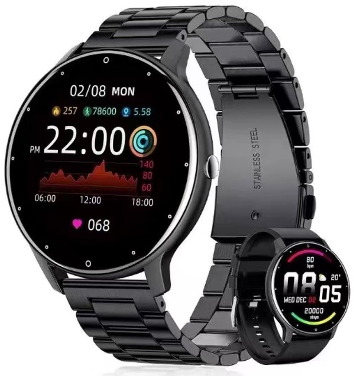 Knobbout 1.28 inch ultradunne smartwatch met gezond heidsmonitoring, sporttracking, muziekbediening, persoonlijke wijzerplaat, bluetooth bellen - - zwart staal+siliconen horlogeband — afbeelding 1