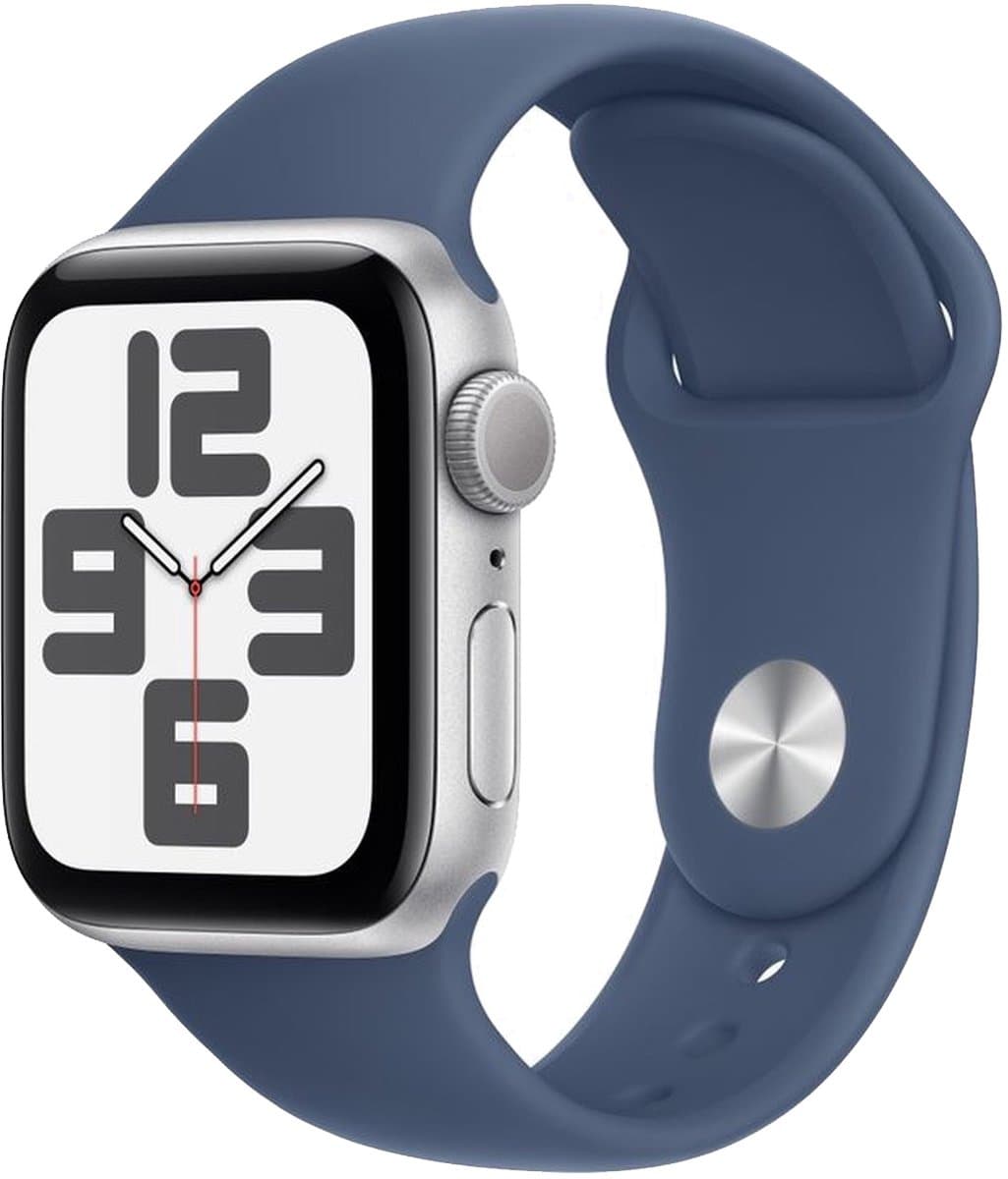 Apple Watch SE 2024 GPS 44mm Silver Aluminium Case with Denim Sport Band - M/L — afbeelding 1