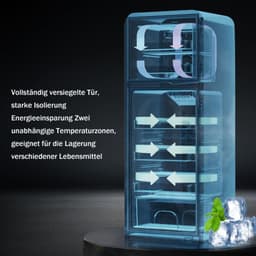 Retro koelkast. Freezer -combinatie. 88,8 cm hoog, 45,5 cm breed, twee dader, met een totaal van 60 liter totaal volume, 22 liter vriezervolume. 102 kWh/jaar, -27 ° C ∽ 13 ° C, LED -licht. Premium rode energieklasse E — thumbnail 4