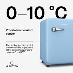 Klarstein Audrey Evo 68L Retro Mini Kühlschrank - Leise 40 dB, Kompakter Kühlschrank Klein mit Verstellbaren Füßen, Wendetür, Mechanischem Thermostat, Blau, Ideal für Schlafzimmer und Büros — thumbnail 7