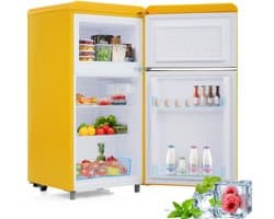 Retro koelkast, koelkast met dubbele deur boven en onder, totale inhoud 72 liter, met 21 liter vriescapaciteit, 120 kWh/jaar, led-verlichting. Verkrijgbaar in diverse kleuren. [Energieklasse E]
