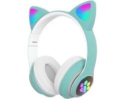 longziming Draadloze Kinder Koptelefoon – Cat Headphones met LED Oortjes – Bluetooth Hoofdtelefoon– Bluetooth 5.0 – Licht Groen – Met Verlichting – Opvouwbare opbergruimte – Groen en wit