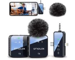 Strolox® Draadloze Microfoon Pro - 2 Stuks - Oplaadcase - Lavalier - Windshields - Dasspeld - Lange Batterij - USB-C/Lightning - Plug & Play