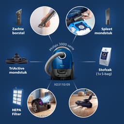 Philips Stofzuiger met Zak Performer Compact XD3110/09 - Lang Snoer - Alle Vloertypen - TriActive mondstuk - Incl 2 Extra Mondstukken - Blauw — thumbnail 4