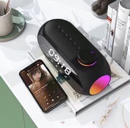 Bluetooth Speaker met Klok en RGB Licht – Draadloze Speaker met Alarmfunctie, FM Radio, AUX & TF Kaart – Compacte Tafel Speaker Zwart — thumbnail 4