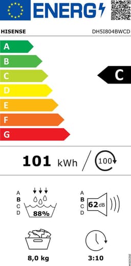 Hisense DH5I804BWCD Wasdroger - Wit - 8kg - C-klasse - ConnectLife - iCare - iDry - Trommelverlichting - RVS - NightDry - Smart Link - Omkeerbare deur — thumbnail 2