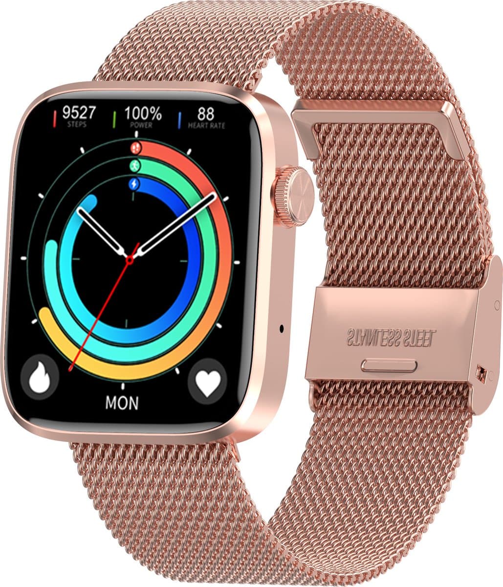 Belesy® DATURA - Smartwatch Heren – Smartwatch Dames - Horloge – Stappenteller – Calorieën - Hartslag – Sporten – Bel functie - Je eigen foto als wijzerplaat - Kleurenscherm - Full Touch – Goud – Milanees - Moederdag — afbeelding 1