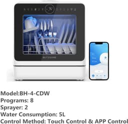Flolife - Mini Vaatwasser Compact - - Slimme Aanrechtvaatwasser met App-bediening - 8 Wasprogramma’s - 360° Dubbele Spray - 5 Liter Watertank — thumbnail 4