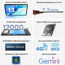 POCKAM P13 Pro Tablets - 12 GB RAM + 256 GB ROM (2 TB/TF) - 13,4 inch tablet FHD+ 120 Hz – Android 16 - UNISOC T7280 - 12000 mAh/18W - 4G LTE - Wi-Fi 5 - Bluetooth 5.0 - Inclusief toetsenbord, muis, Stylus en hoesje - Dubbele luidsprekers - Zwart — thumbnail 11