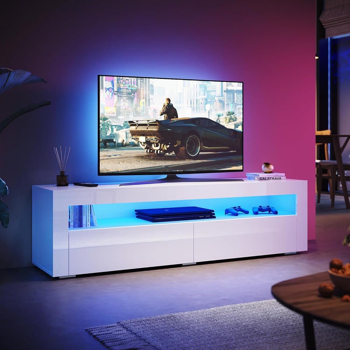 Wit Hoogglans TV Lowboard met LED Verlichting 155 x 40 x 45 cm — afbeelding 1