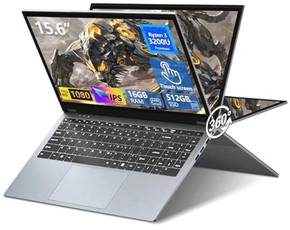 39.6 cm (15.6 inches), 2 in 1 laptop, Ryzen 3 3200U, processor, 16 GB RAM, 512 GB SSD, laptop, PC, 1080p laptop, RJ45, type C, USB 3.0, ultra-thin and lightweight — afbeelding 1