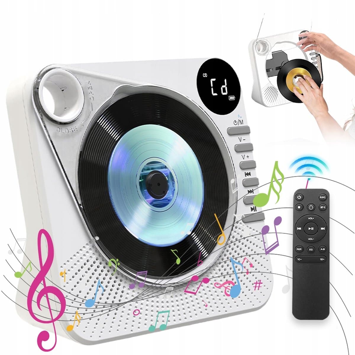 CD Speler - Bluetooth Speaker - Witte Multifunctionele Audiospeler - Met USB, AUX & Remote - Slaaptimer & Batterij - Voor Muziek in Huis — afbeelding 1