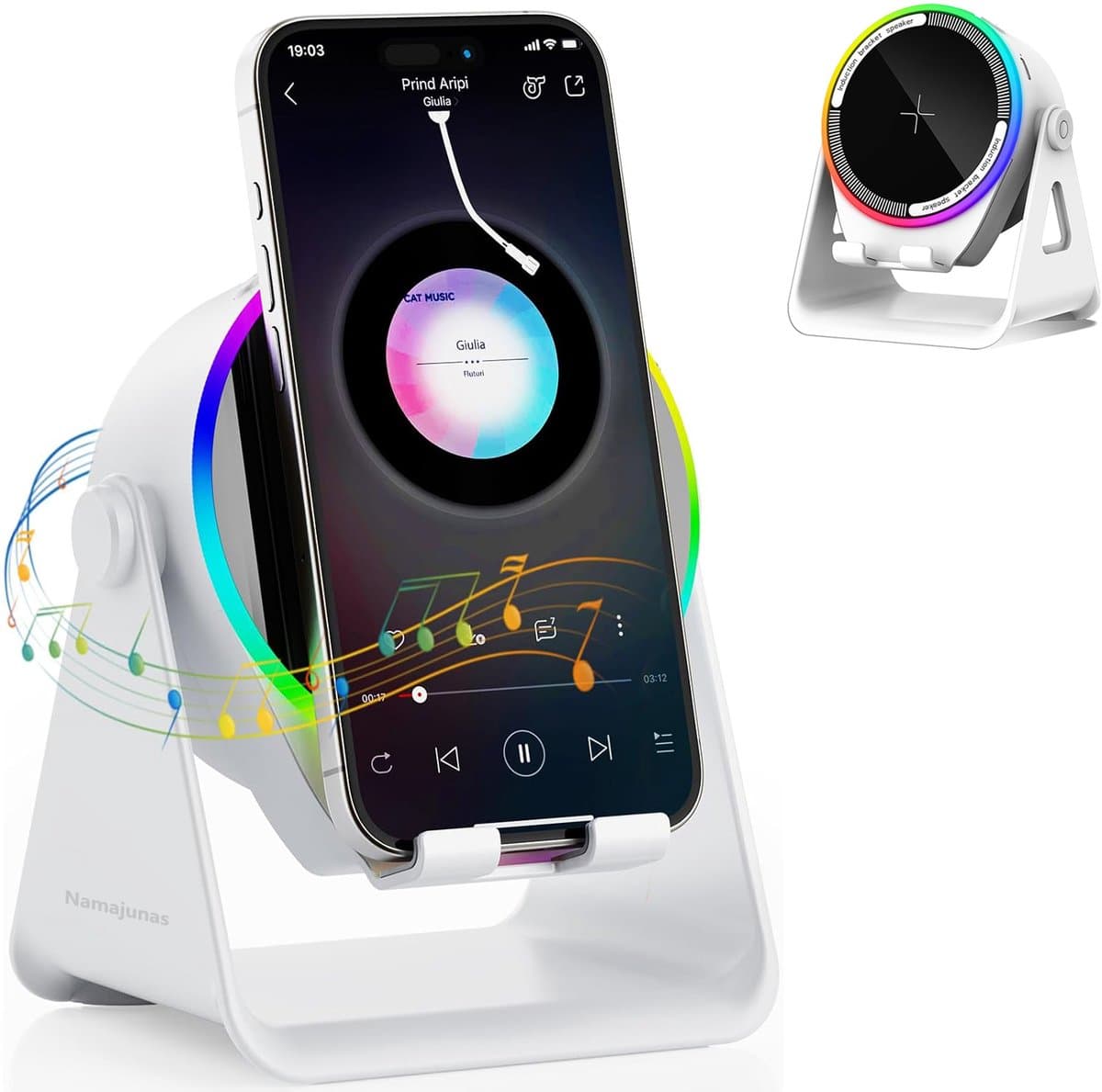 Namajunas - 5-in-1 Wireless Mini RGB Speaker - Telefoonhouder - Telefoonhouders Auto - Magnetisch - Bluetooth Speaker - Draadloze Oplader - Wireless charger - GSM Lader - 360° verstelbare houder voor iPhone/Android/iPad/Samsung - Cadeau — afbeelding 1