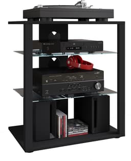 VCM hifi-kasten, platenspelerkast, stereokast, hifi-rekken, routerstandaard, hifi-rekken en -standaards, witte platenspelerstandaard, draaitafelstandaard met opbergruimte voor vinylplaten, platenspelermeubel, glazen tv-meubel, mediameubel — thumbnail 1
