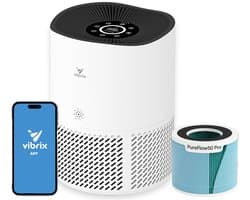 Vibrix PureFlow50 Luchtreiniger / Air Purifier – HEPA H13 + koolstoffilter – 350 m³/u – Voor kamers tot ca. 50 m² – Ionisator – App-bediening – Zeer stil met slaapstand – Luchtkwaliteitindicator