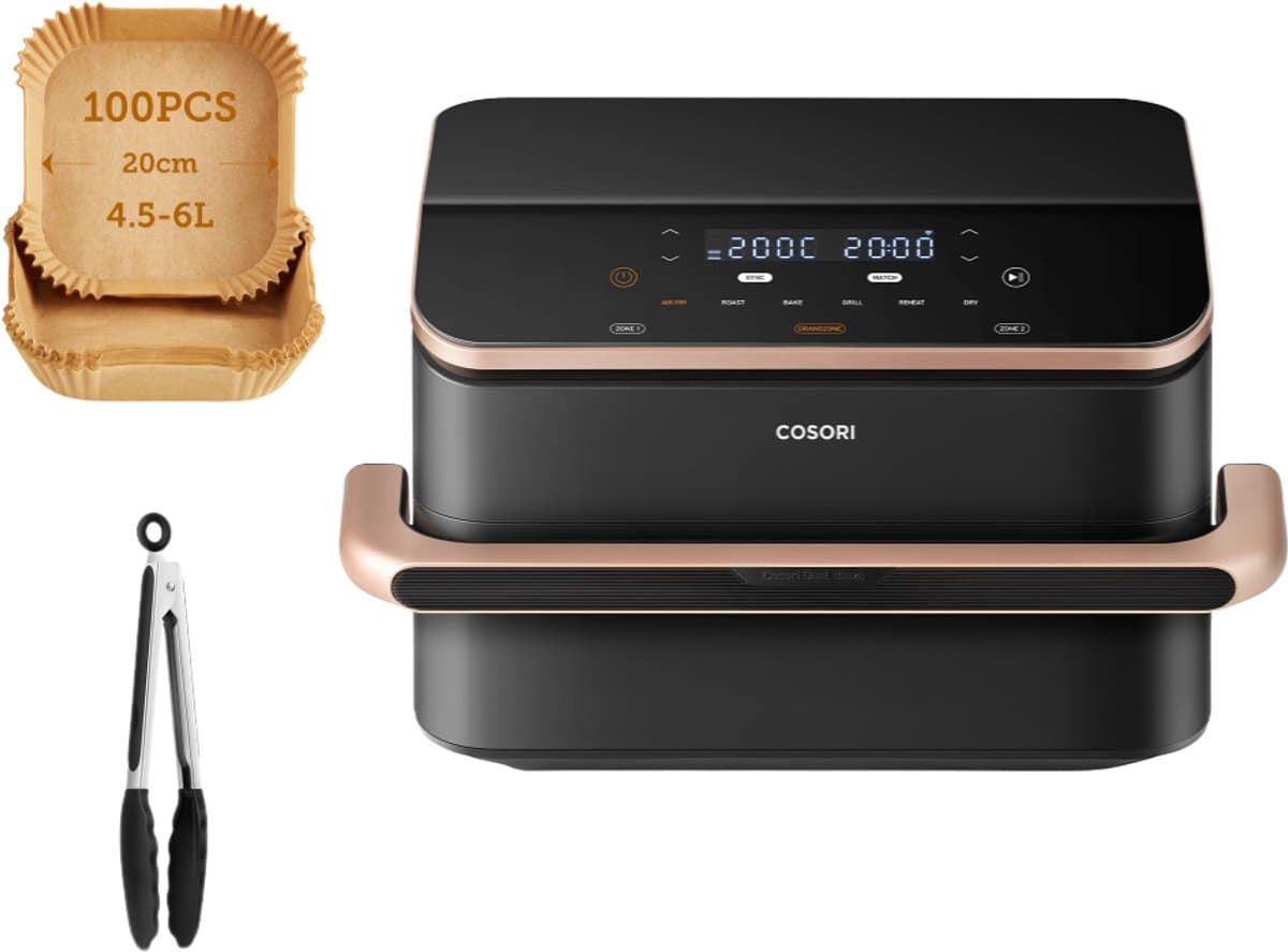 Cosori Twinfry Dubbele Airfryer XXL - met 100 stuks bakpapier - Heteluchtfriteuse 10 liter - Twee kookvakken of 1 MegaZone - 6 Programma's - Boven- en Onderwarmte - Dual Zone Technologie — afbeelding 1