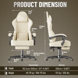 Soontrans-Beige-Gaming Stoel-met Inklapbare Voetensteun-Gamestoel Verstelbaar Rugleuning-Ergonomische Gaming Chair als Bureaustoel-Uitgerust Met Hoofdsteun en Lendensteun-PU-Leer-Computerstoel Gaming-Voor Volwassenen en Jongeren — thumbnail 8