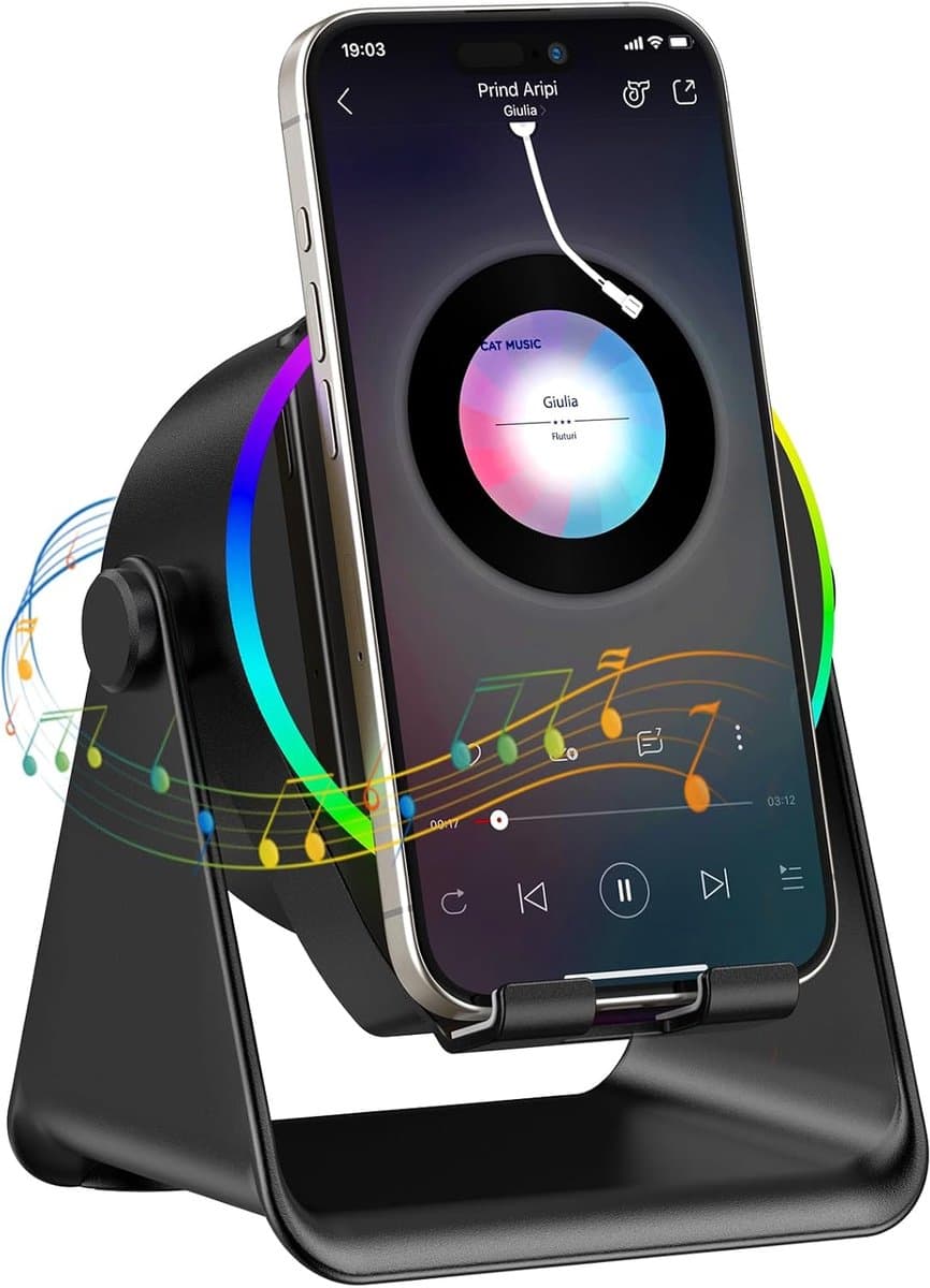 Kraftverdia - 5-in-1 Wireless Mini RGB Speaker - Telefoonhouder - Telefoonhouders Auto - Magnetisch - Bluetooth Speaker - Draadloze Oplader - Wireless charger - GSM Lader - 360° verstelbare houder voor iPhone/Android/iPad/Samsung - Cadeau — afbeelding 1