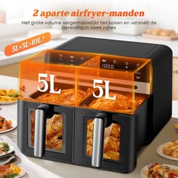 Dubbele Airfryer XXL 10L (2×5L) – 8 Automatische Programma’s – Grote Capaciteit voor 6 Personen – 2500W Krachtig Vermogen – Dual-Zone 2 Manden met SYNC Technologie – Gezond Frituren Zonder Olie – Met Kijkvenster – Zwart — thumbnail 2