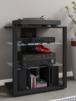 VCM hifi-kasten, platenspelerkast, stereokast, hifi-rekken, routerstandaard, hifi-rekken en -standaards, witte platenspelerstandaard, draaitafelstandaard met opbergruimte voor vinylplaten, platenspelermeubel, glazen tv-meubel, mediameubel — thumbnail 5