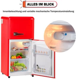 Retro koelkast. Freezer -combinatie. 88,8 cm hoog, 45,5 cm breed, twee dader, met een totaal van 60 liter totaal volume, 22 liter vriezervolume. 102 kWh/jaar, -27 ° C ∽ 13 ° C, LED -licht. Premium rode energieklasse E — thumbnail 8