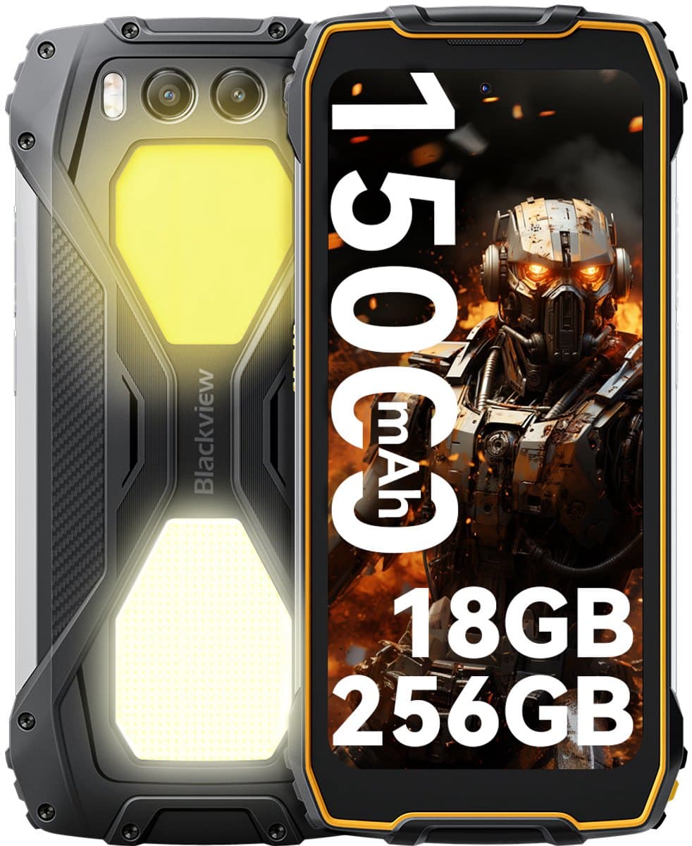 Blackview BV7300 - Robuuste Smartphone - 18GB RAM - 256GB - 15000mAh - Dual 4G LTE - Dual 800LM Campingverlichting - Android 14 - IP68 Waterdicht - 6580mAh - NFC - GPS - Geel — afbeelding 1