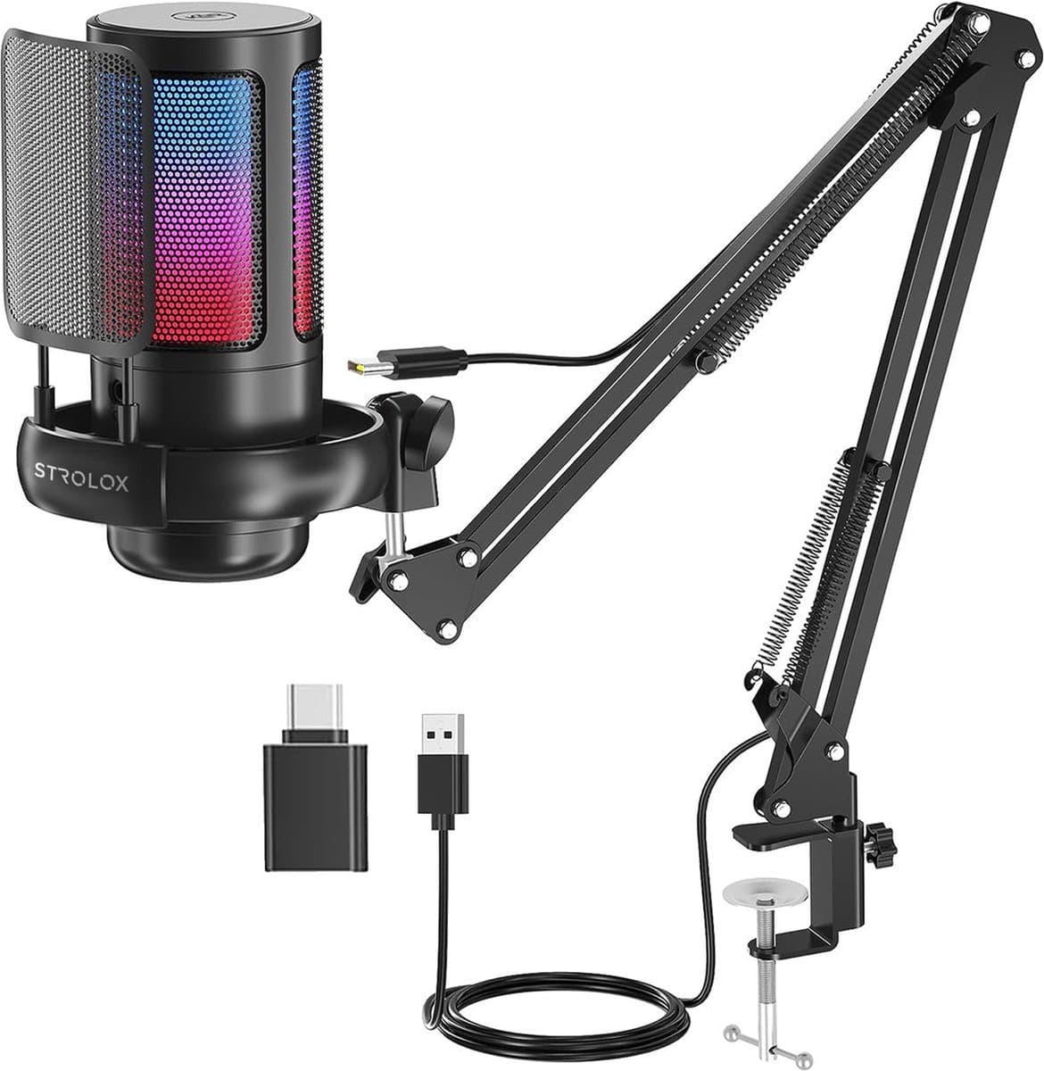 Strolox® Microfoon met arm - USB - gaming - RGB Condensatormicrofoon - met Mute-Knop, Popfilter, Microfoonarm - Luxe microfoon — afbeelding 1