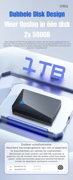 Dutch Wanted Double- HDD Externe Harde Schijf - Snelle writing speed - 1TB (2x 500GB) dubbele schijf van 2x 500GB voor directe back up - Plug and play - Opslag extern pc of laptop - USB 3.2 - Zwart — thumbnail 2