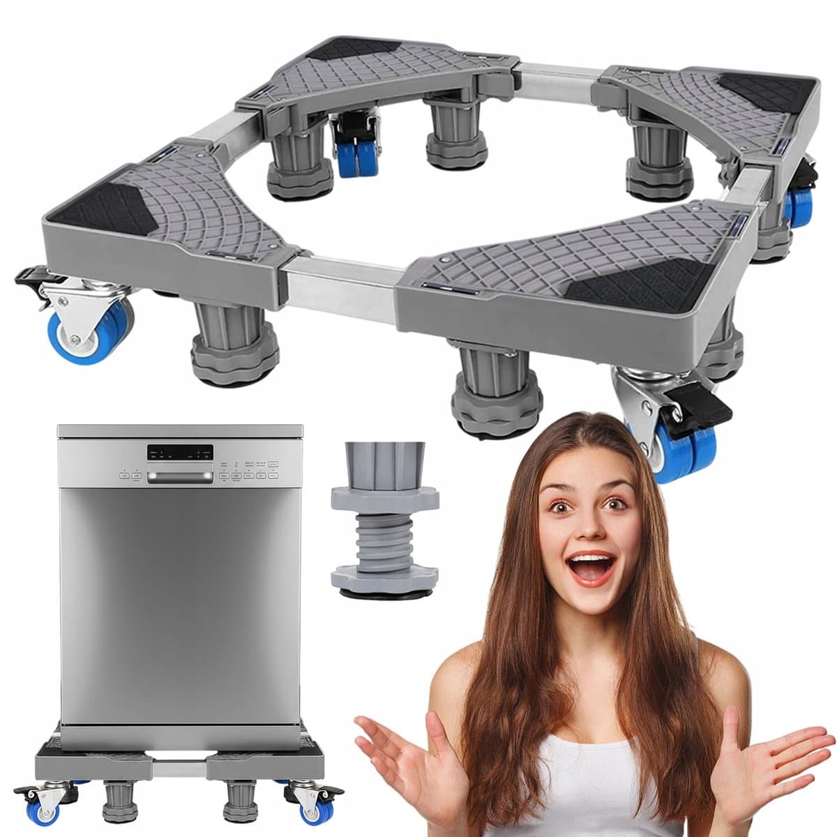 Wasmachine Onderstel - Wasmachine verhogers - 42-66cm Verstelbaar & 250kg Draagkracht - 4 Wieltjes met Rem - Geluidsreducerend - Voor Apparaten en Koelkast — afbeelding 1