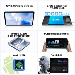 Aorlym P12 - Tablet - 48 GB RAM (8+40 GB) - 128 GB ROM (2TB/TF) - 12 inch 2K 120 Hz IPS - Android 16 - 10000 mAh /18 W - T7280 OctaCore - Dubbele camera - WiFi 5 - Bluetooth - Face ID - Toetsenbord - Stylus meegeleverd - Zwart — thumbnail 9