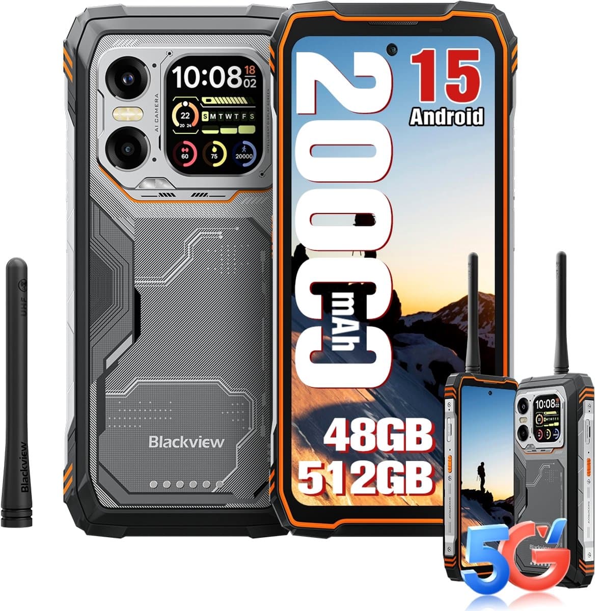 Blackview XPLORE 1 Walkie Talkie - Robuuste Smartphone - 5G - 48GB RAM - 512GB ROM - 108MP Camera - 6.78 inch - Robuuste Telefoon - Android 15 - NFC - GPS - Oranje — afbeelding 1