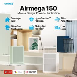 Coway Airmega 150 Luchtreiniger - Air Purifier - 281 m³/u - Wasbaar pre-filter + HEPA filter + koolstoffilter - Verwijdert tot 99,97% van ultrafijne deeltjes - Tegen stof, pollen en allergenen - Fluisterstil (20 dB) - ECARF & Quiet Mark - Groen — thumbnail 2