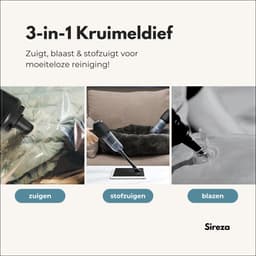 Sireza T2 - 3-in-1 kruimeldief - kruimelzuiger - kruimeldief snoerloos -6 opzetstukken - mini handstofzuiger - nat en droog - thuis, dierenhaar en auto - air duster - opbergtas — thumbnail 2