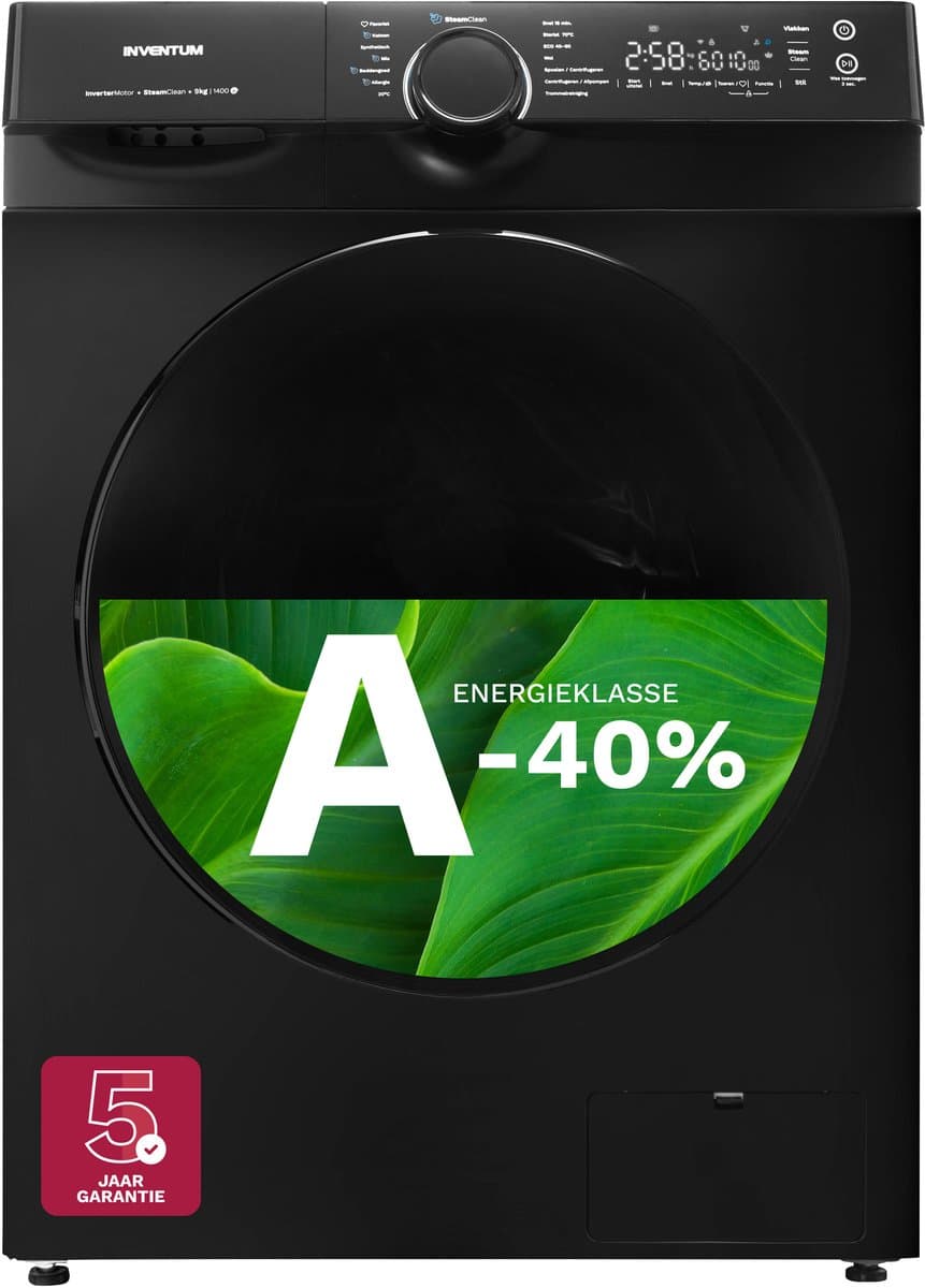 Inventum VWM9010B - Wasmachine - 9kg - 14 programma's - 1400 toeren - Energieklasse A-40% - Steam Clean - Zwart — afbeelding 1