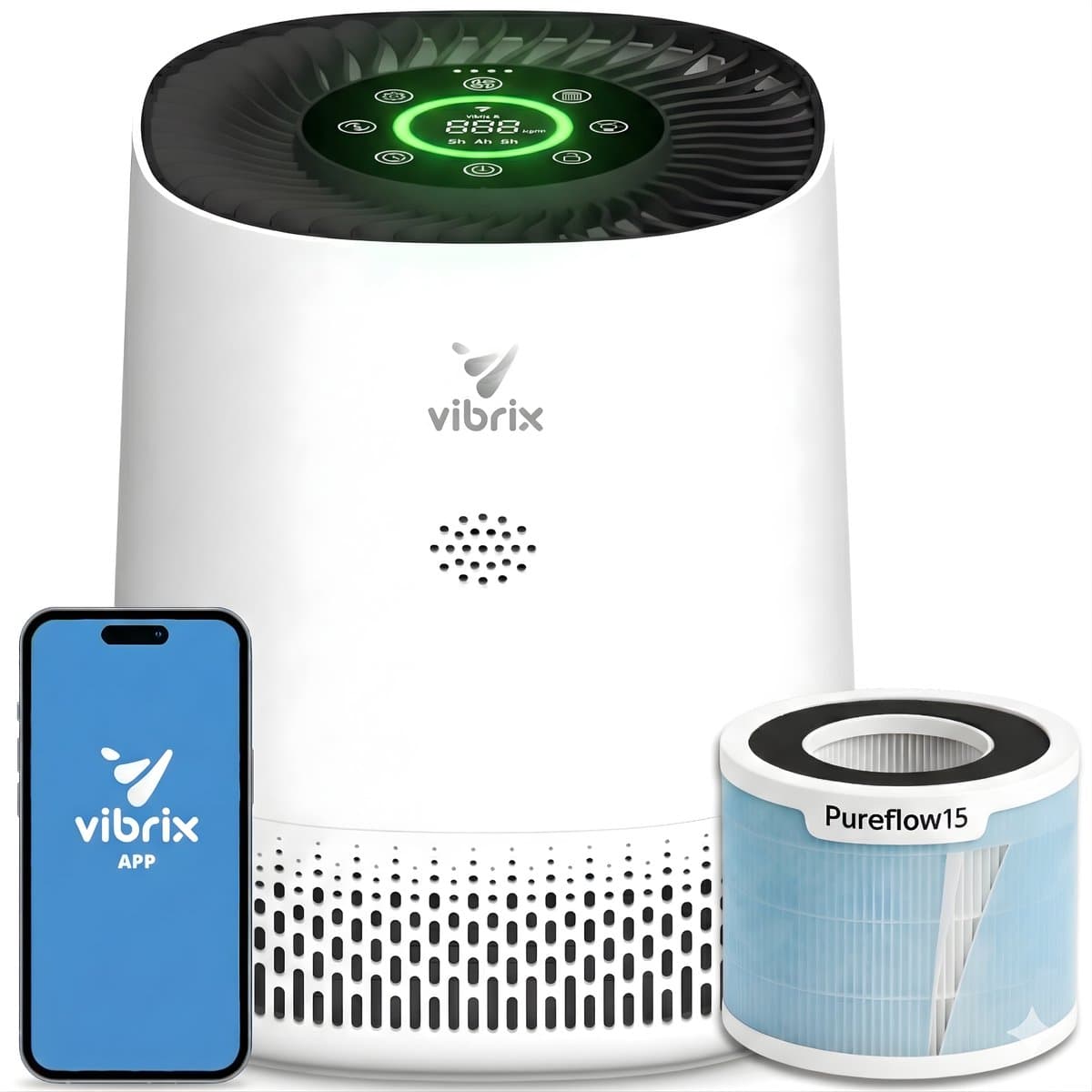 Vibrix PureFlow15 Luchtreiniger / Air Purifier – HEPA H13 + koolstoffilter – 100 m³/u – Voor kamers tot 15 m² – Ionisator – App-bediening – Zeer stil met slaapstand – Luchtkwaliteitindicator — afbeelding 1