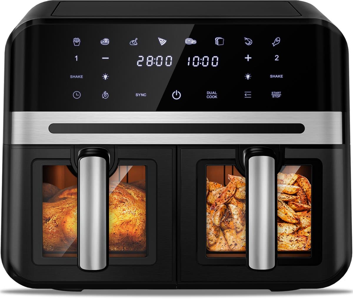 Dubbele Airfryer XXL 10L (2×5L) – 8 Automatische Programma’s – Grote Capaciteit voor 6 Personen – 2500W Krachtig Vermogen – Dual-Zone 2 Manden met SYNC Technologie – Gezond Frituren Zonder Olie – Met Kijkvenster – Zwart — afbeelding 1